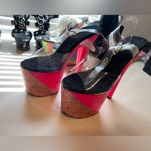 Neon pink with rose gold glitter Pleaser 7” heels